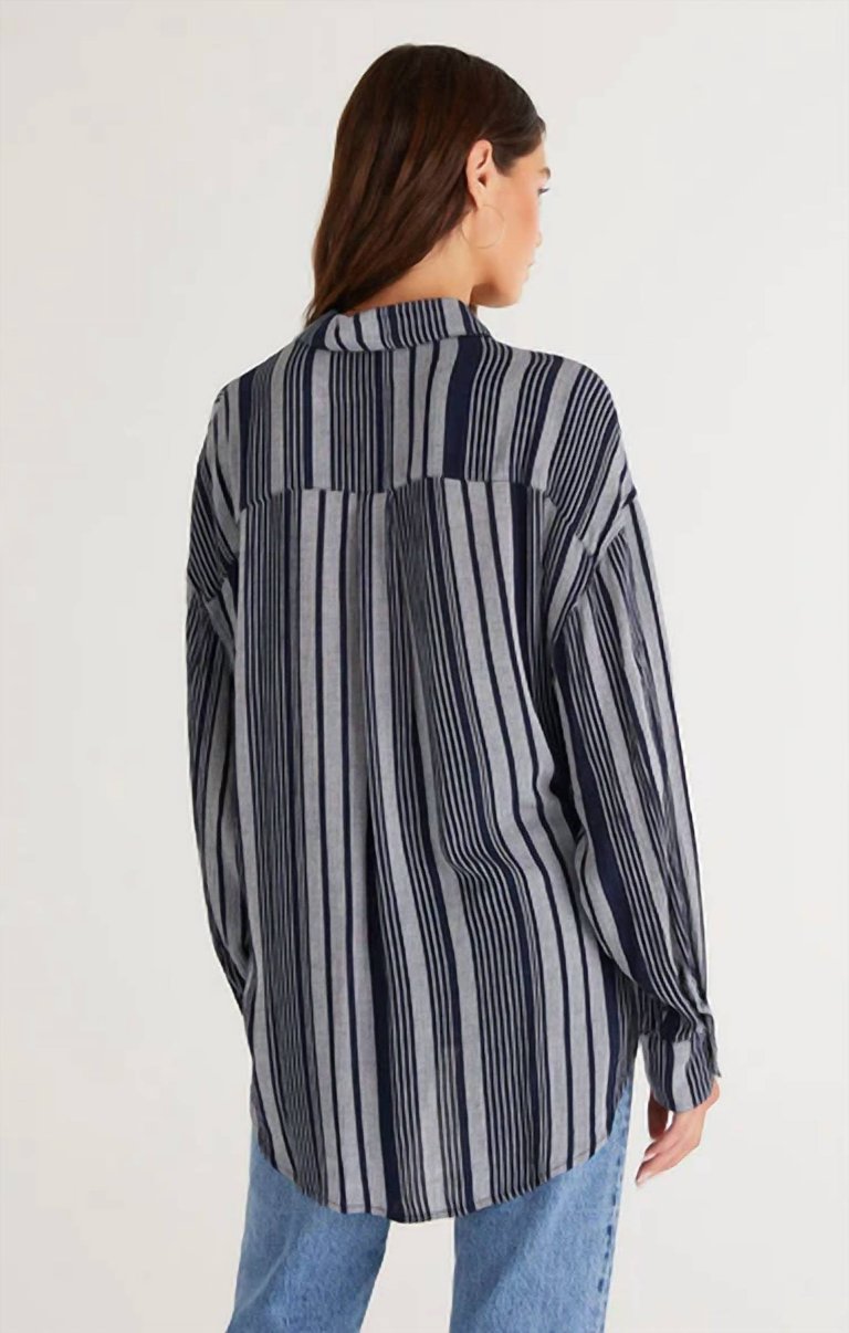 Lalo Striped Button Up Top In Midnight Blue