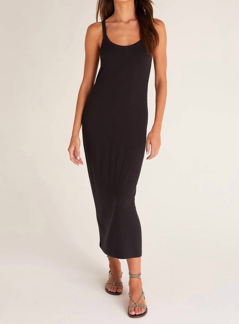 Melody Midi Rib Dress In Black - Black