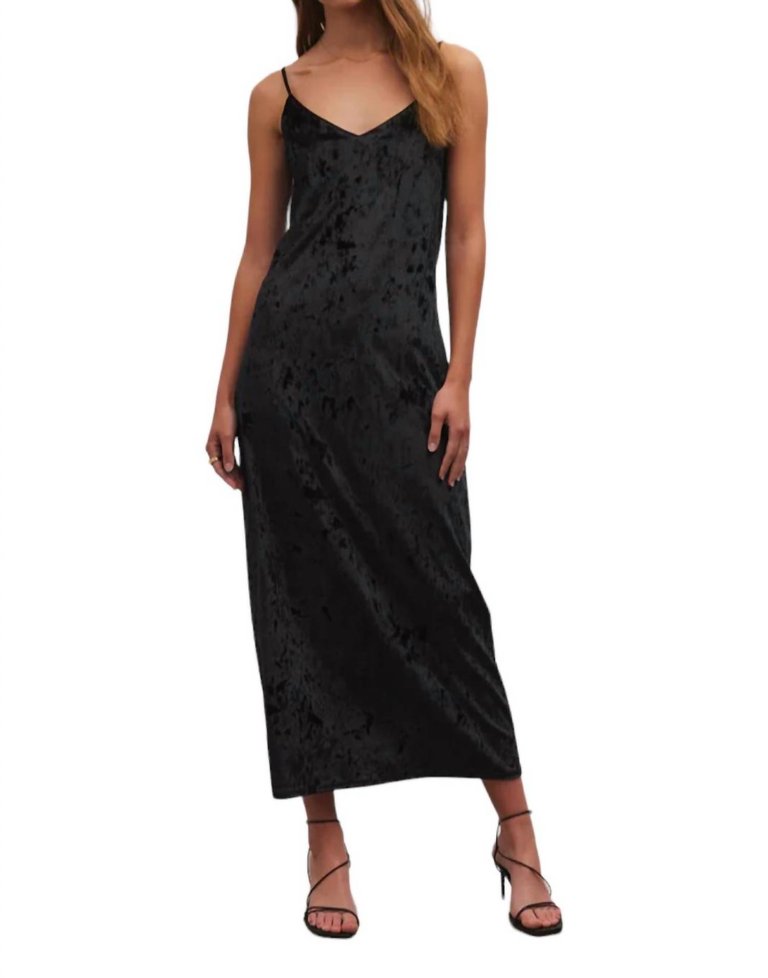 Selina Crushed Velvet Midi Dress In Black - Black