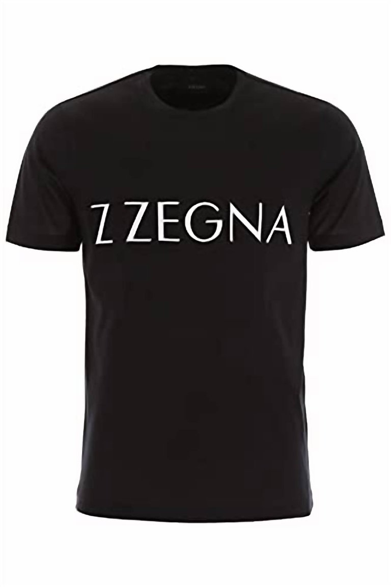 Men Large Front Logo Short Sleeve Crew Neck Cotton T-Shirt In Black - Black