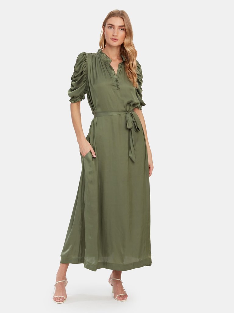 Ray Satin Puff Sleeve Maxi Dress - Khaki