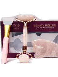 Rose Quartz Facial Roller, Gua Sha Board + Brush Set