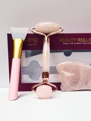 Rose Quartz Facial Roller, Gua Sha Board + Brush Set