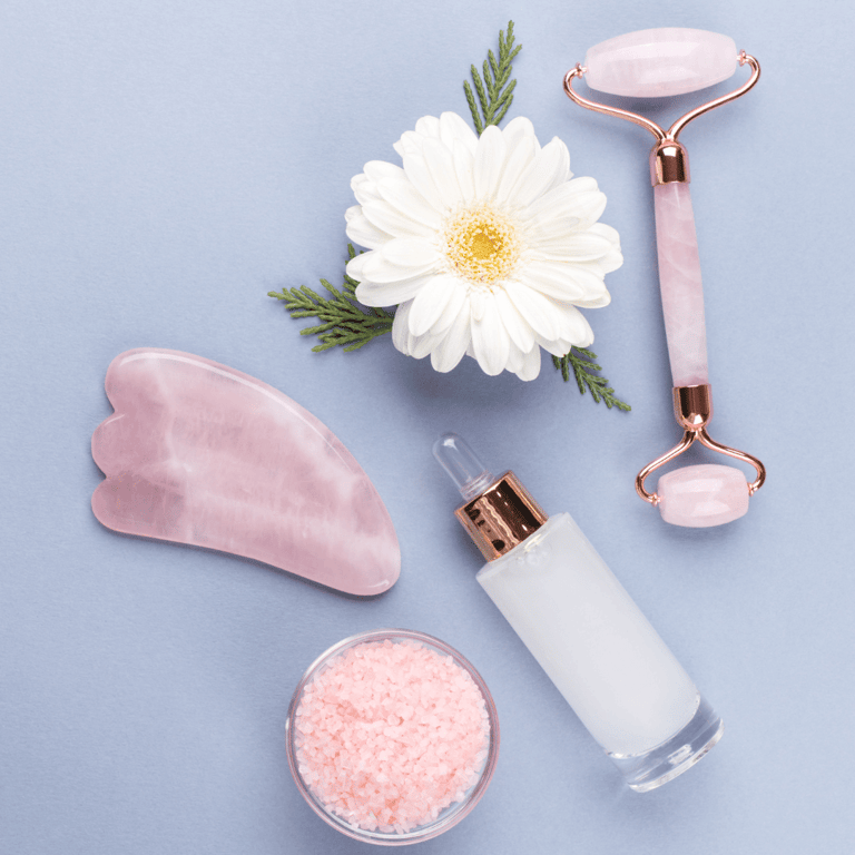 Rose Quartz Facial Roller, Gua Sha Board + Brush Set