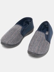 Mens Charles Herringbone Felt Gusset Slippers (Navy Blue)