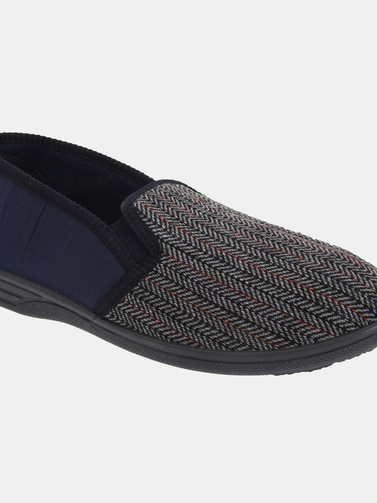 Mens Charles Herringbone Felt Gusset Slippers (Navy Blue) - Navy Blue