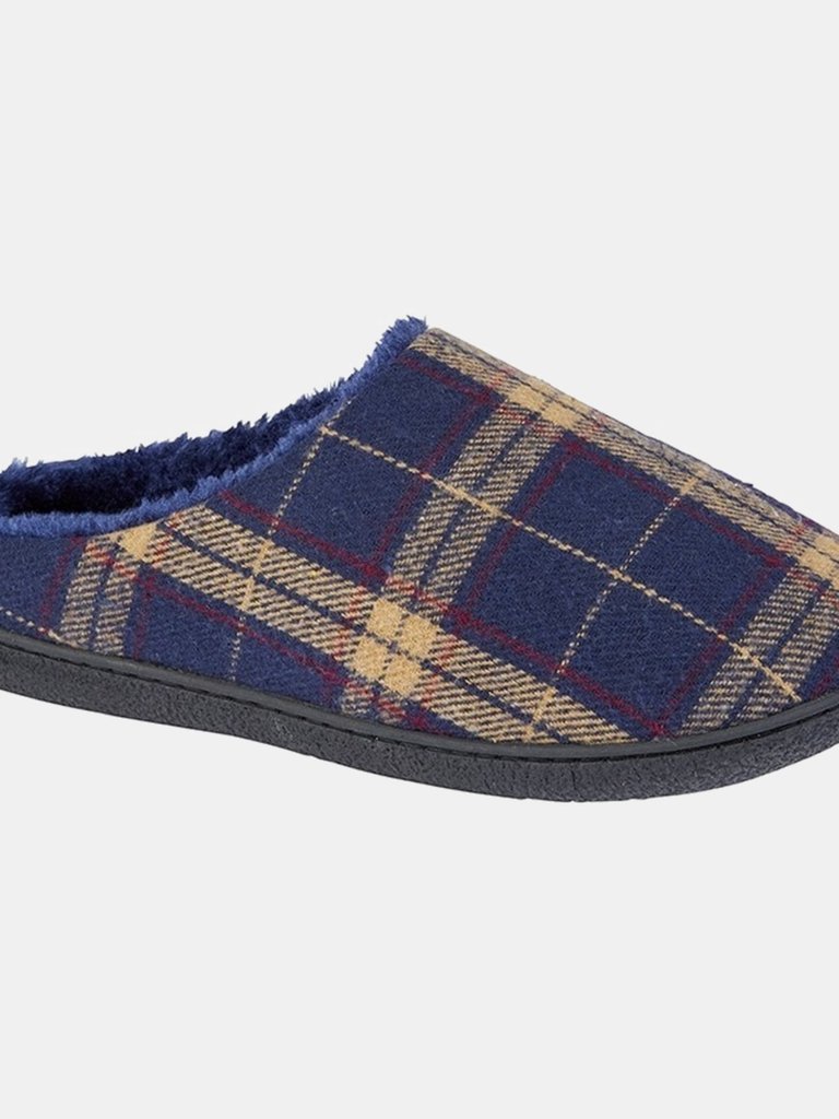 Mens Fabian Checked Textile Slippers (Navy) - Navy