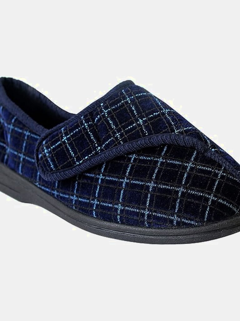 Mens George Touch Fastening Check Velour Slippers (Navy Blue)
