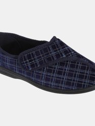 Mens George Touch Fastening Check Velour Slippers (Navy Blue) - Navy Blue