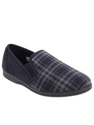 Mens Harley Check Felt Gusset Slippers - Navy Blue/Check