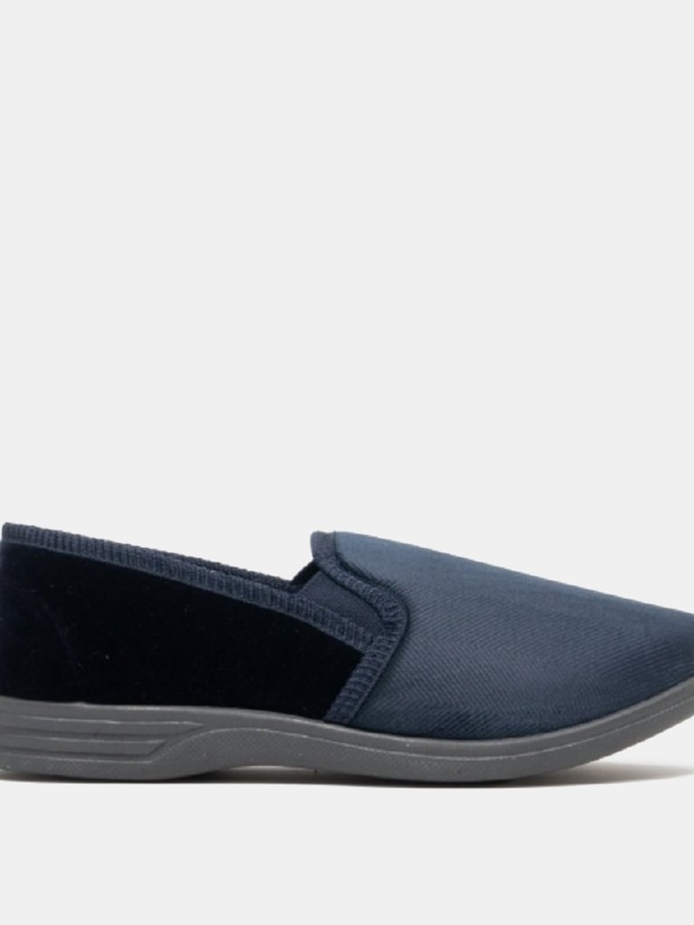 Mens Lewis Striped Twin Gusset Slippers (Navy Blue/Grey)