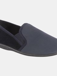 Mens Lewis Striped Twin Gusset Slippers (Navy Blue/Grey) - Navy Blue/Grey