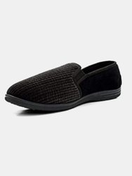 Mens Richard Striped Twin Gusset Velour Slippers - Black