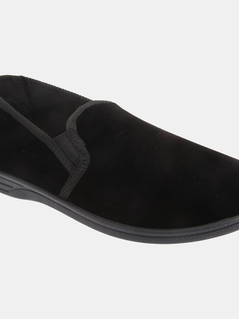 Mens Ross Twin Gusset Velour Slippers - Black