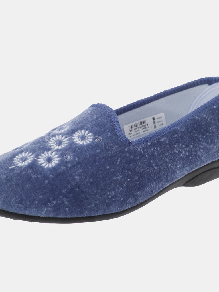 Womens/Ladies Cathy Floral Embroidered Velour Slippers (Blueberry) - Blueberry