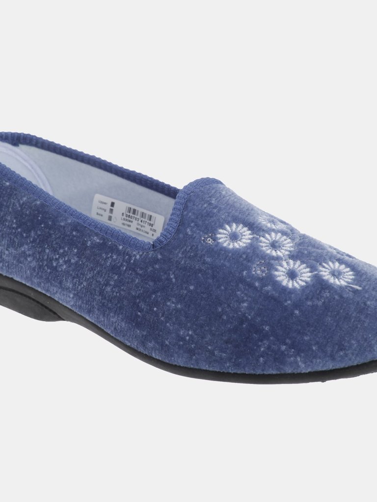 Womens/Ladies Cathy Floral Embroidered Velour Slippers (Blueberry)