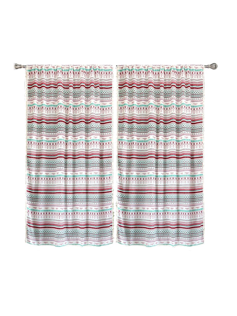 2 Panels Teal, Red, and Cream Printed Bohemian Curtain For Bathroom, Kitchen, Living Room, Bedroom - Red