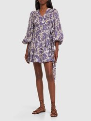 Devi Printed Linen Wrap Mini Dress In Indigo/cream Paisley - Indigo/cream Paisley