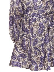 Devi Printed Linen Wrap Mini Dress In Indigo/cream Paisley