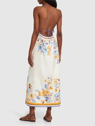 Halcyon Printed Linen Maxi Slip Dress In Orange/Blue Floral