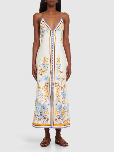 ZIMMERMANN Halcyon Printed Linen Maxi Slip Dress In Orange/Blue Floral product