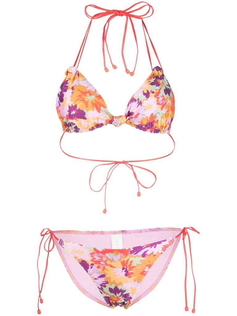 Violet Knotted Tie Straps Two Piece Bikini Swimsuit - Mustard Multi Floral